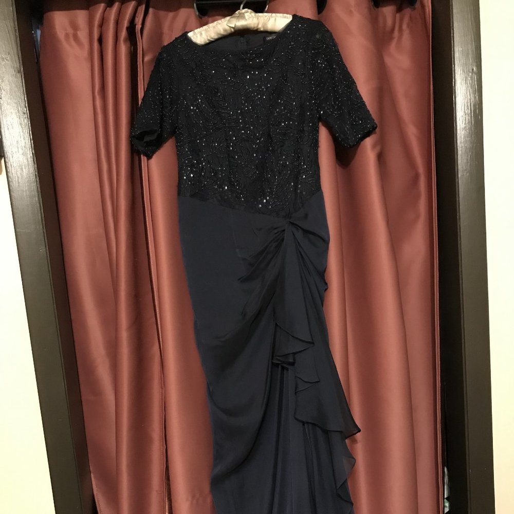Tadashi Shoji Navy Blue Beaded Chiffon Evening Gown
